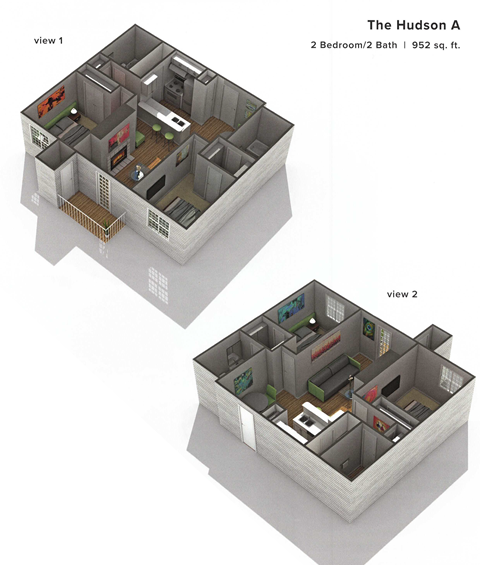 Floor plan for 2 beds, 2 baths, 952 sqft